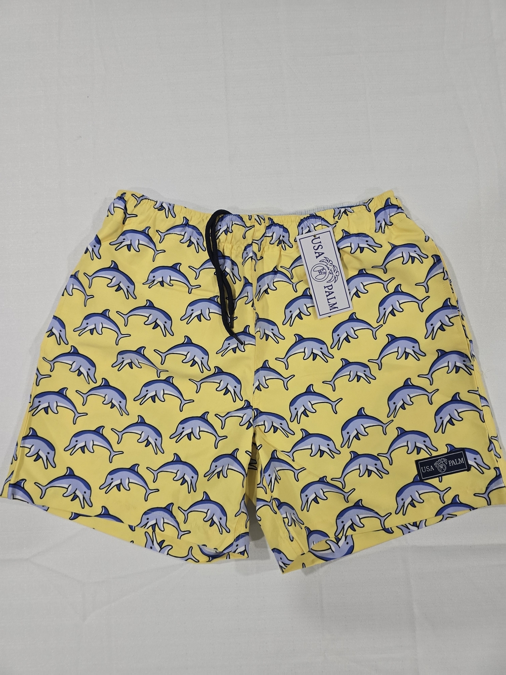 USA Palm Men’s Yellow Dolphin Print Swim Trunks Shorts Size Small( 28W-30W)